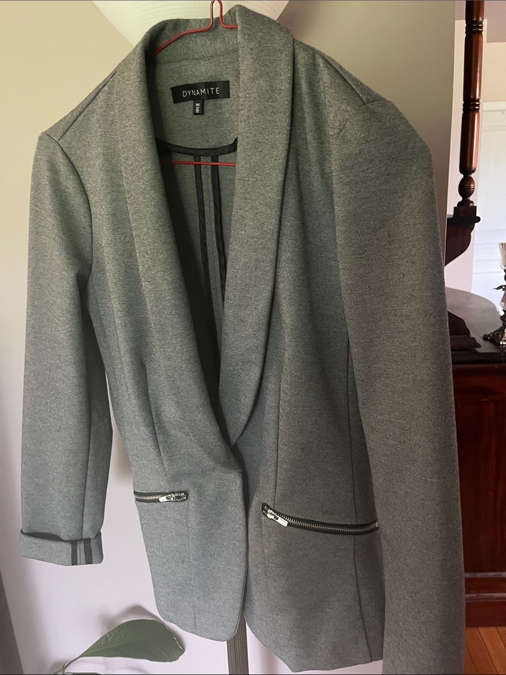 Dynamite Light Gray Shawl Collar Blazer with Zip Pockets